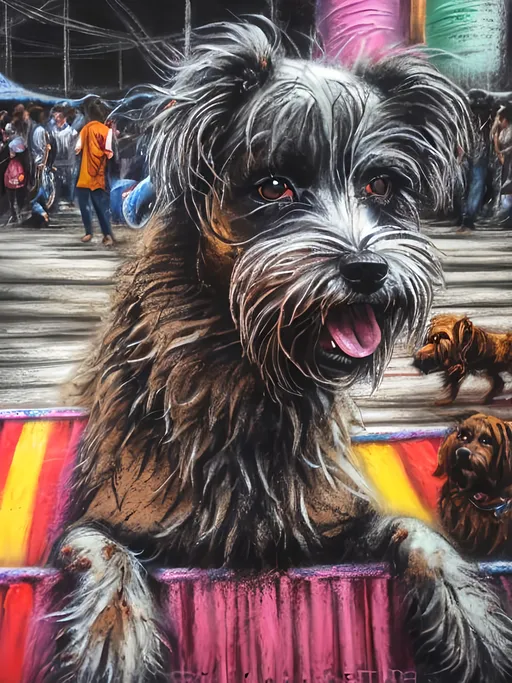 Prompt: Detailed dog at a circus, Japan festival, chalk pastel, grunge, highres, abstract, natural lighting, lively atmosphere, fun, vibrant, happy-go-lucky, detailed dogs, detailed eyes, detailed fur, festive, flying, post-apocalyptic, Japan, chalk pastel, detailed background, grunge style, abstract art, high quality, natural lighting