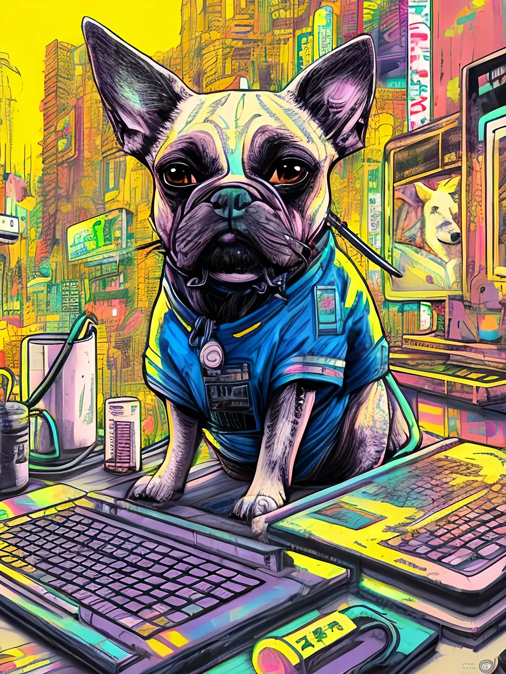 Prompt: pop art chalk pastel art of detailed dog hacking computers in cyberpunk japan, sketch, detailed background, highres, fun atmosphere, natural lighting,  abstract, fun