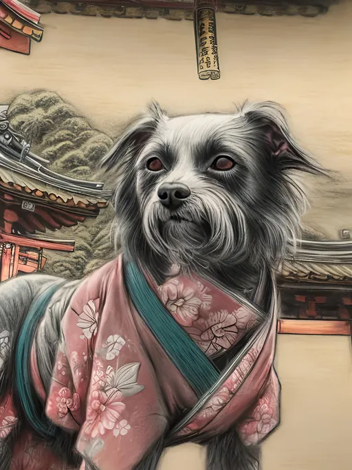 Prompt: chalk pastel style of a  detailed dog in a kimono at a shrine, sketch, detailed background, highres, fun atmosphere, natural lighting,  abstract, fun