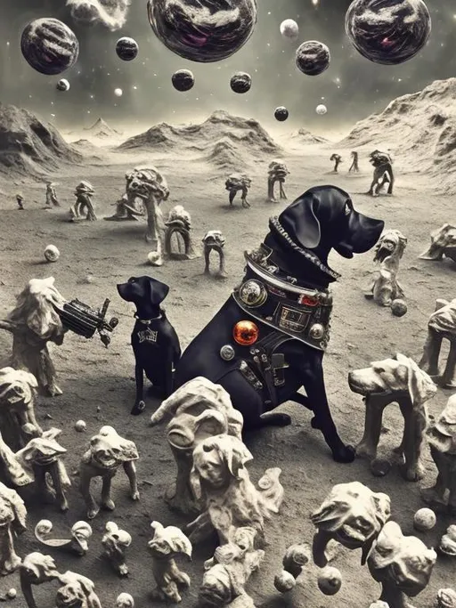 Prompt: Surrealism black dogs in gangster outfits in space, abstract art style, cowboy hat, fun atmosphere, floating celestial bodies, mysterious nebulae, dreamlike, surreal, high contrast, otherworldly, abstract, space, astronaut, fun atmosphere, celestial bodies, dreamlike, surreal, high contrast, mysterious, nebulae, dogs, usa, patriotic, trump