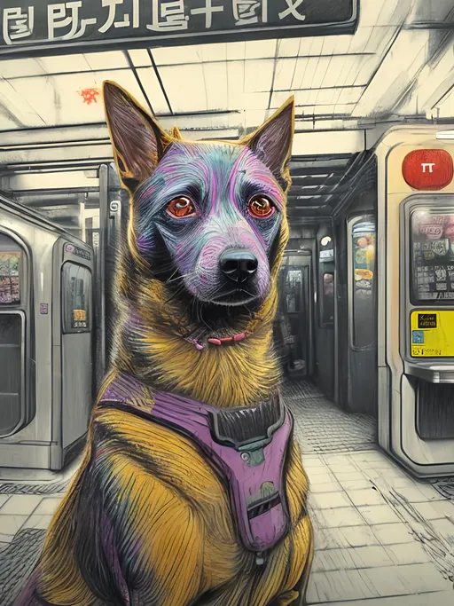 Prompt: pop art chalk pastel art of detailed dog at a subway in cyberpunk japan, sketch, detailed background, highres, fun atmosphere, natural lighting,  abstract, fun