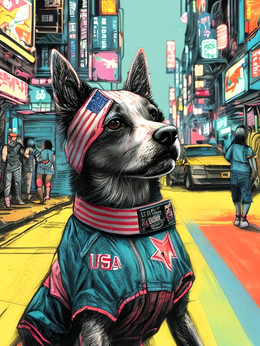 Prompt: pop art chalk pastel art of detailed dog wearing USA clothes playing in the streets in cyberpunk japan during a festival, sketch, detailed background, highres, fun atmosphere, natural lighting,  abstract, fun