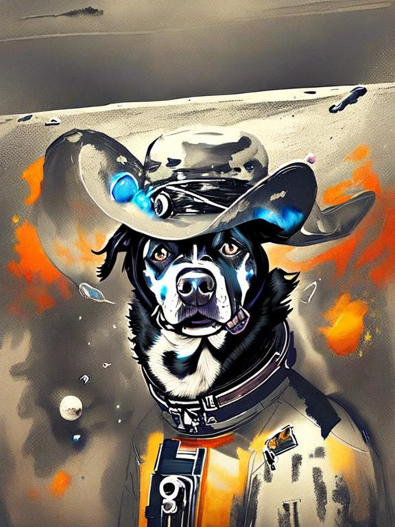 Prompt: Surrealism black dogs in cowboy outfits in space, abstract art style, cowboy hat, fun atmosphere, floating celestial bodies, mysterious nebulae, dreamlike, surreal, high contrast, otherworldly, abstract, space, astronaut, fun atmosphere, celestial bodies, dreamlike, surreal, high contrast, mysterious, nebulae, dogs, Pro trump clothing