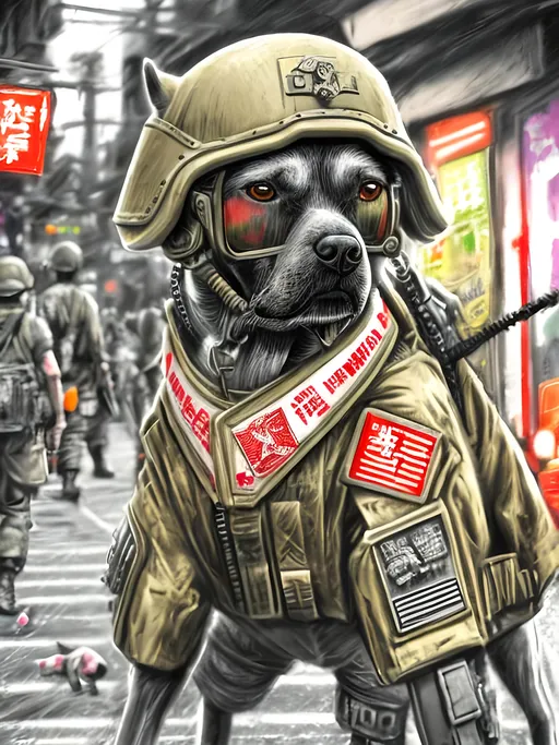 Prompt: pop art chalk pastel art of detailed dog wearing military uniforms<mymodel> playing in the streets in cyberpunk japan during a festival, sketch, detailed background, highres, fun atmosphere, natural lighting,  abstract, fun