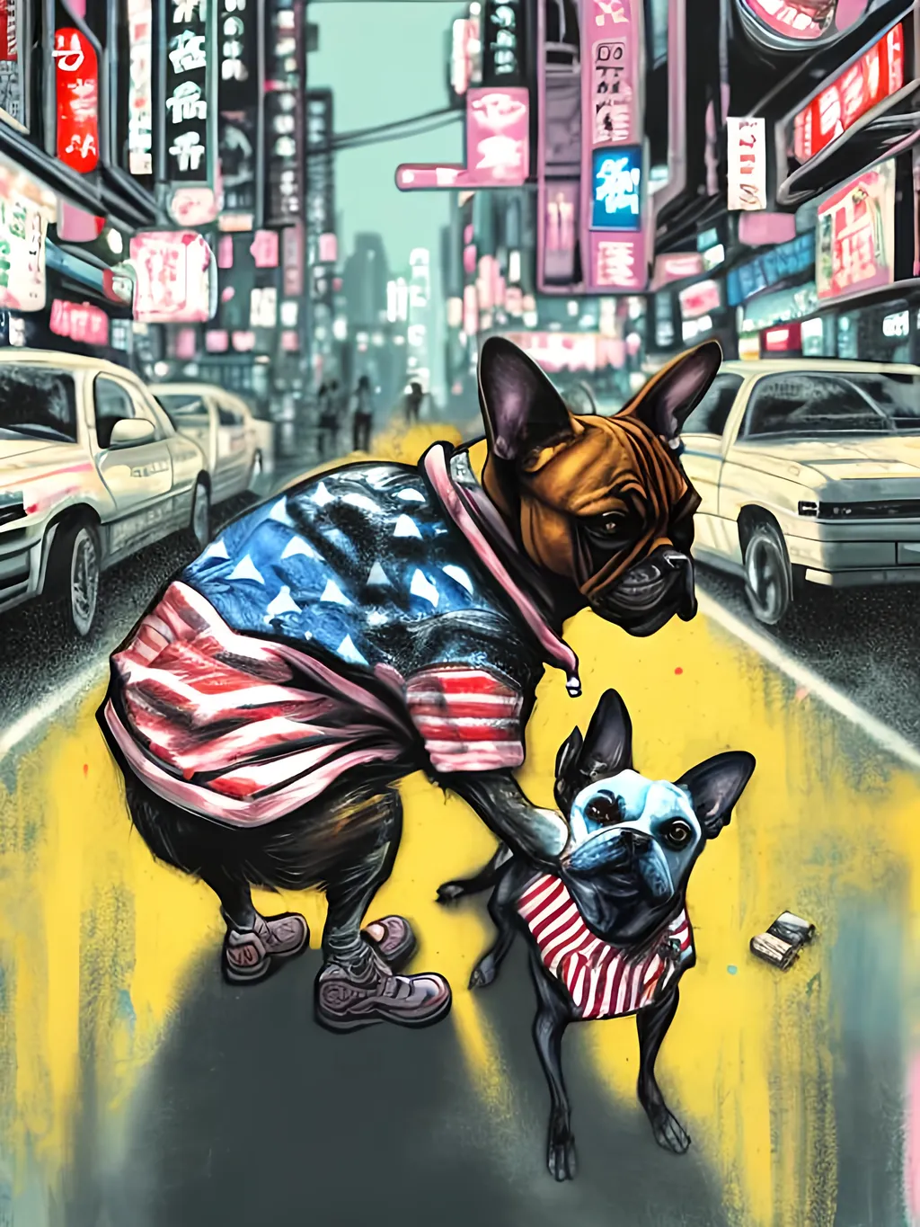 Prompt: pop art chalk pastel art of detailed dog wearing USA clothes playing in the streets in cyberpunk japan during a festival, sketch, detailed background, highres, fun atmosphere, natural lighting,  abstract, fun