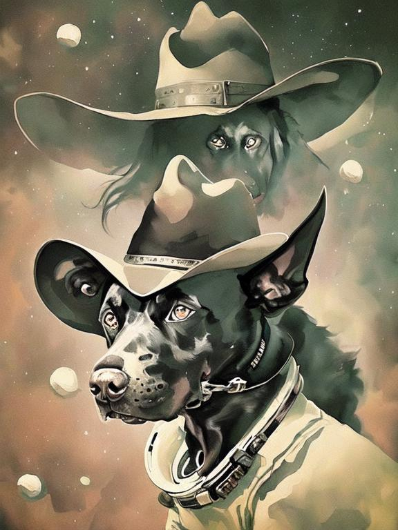 Prompt: Surrealism black dogs in cowboy outfits in space, abstract art style, cowboy hat, eerie atmosphere, floating celestial bodies, mysterious nebulae, dreamlike, surreal, high contrast, otherworldly, abstract, space, astronaut, fun atmosphere, celestial bodies, dreamlike, surreal, high contrast, mysterious, nebulae, dogs