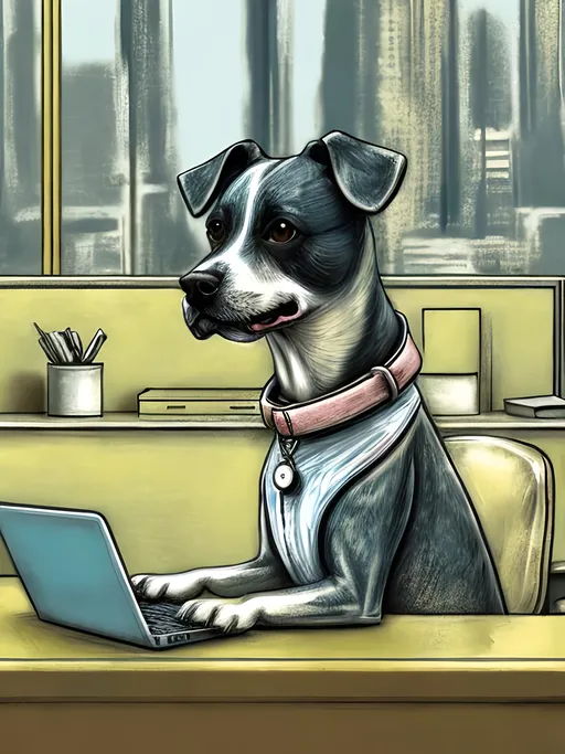 Prompt: chalk pastel style of a  detailed dog typing at a desk in a modern city office, sketch, detailed background, highres, fun atmosphere, natural lighting,  abstract, fun