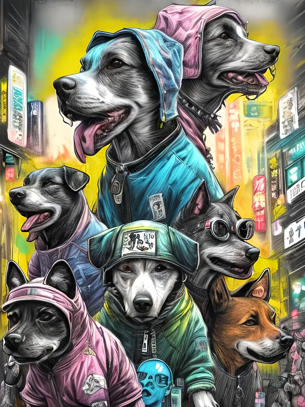 Prompt: pop art chalk pastel art of detailed dogs wearing gangster clothes playing in the streets in cyberpunk japan during a festival, sketch, detailed background, highres, fun atmosphere, natural lighting,  abstract, fun