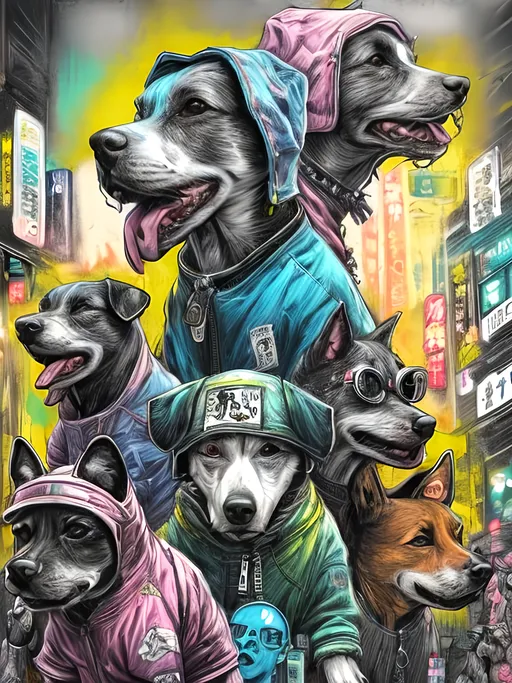 Prompt: pop art chalk pastel art of detailed dogs wearing gangster clothes playing in the streets in cyberpunk japan during a festival, sketch, detailed background, highres, fun atmosphere, natural lighting,  abstract, fun