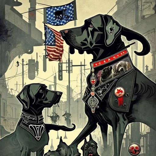 Prompt: Art Nouveau, surreal art of black dogs in patriotic gangster street outfits, cowboy hat, in a battle field, high contrast, dreamlike, otherworldly, fun atmosphere, mysterious, professional art, abstract, vibrant colors, atmospheric lighting, USA, surreal style, vibrant, high-quality