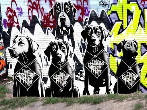 Prompt: mountain cur black dogs in gangster clothing graffiti