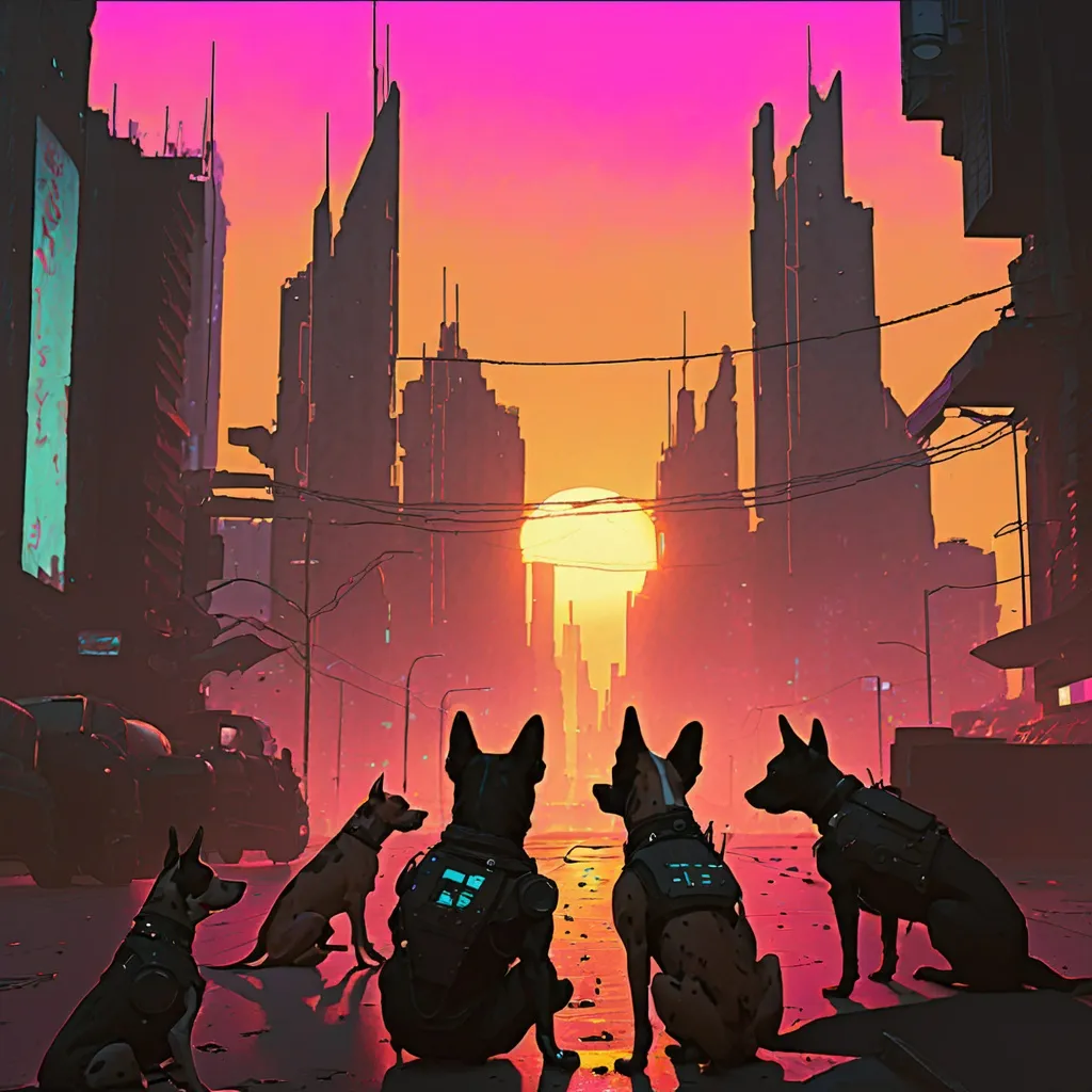 Prompt: sunset cyberpunk city with dogs
