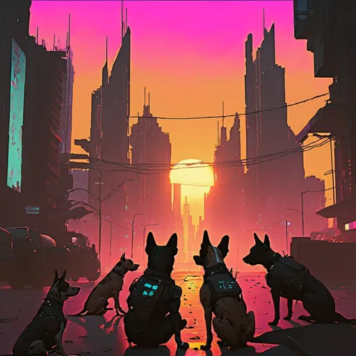 Prompt: sunset cyberpunk city with dogs
