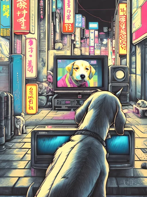 Prompt: pop art chalk pastel art of detailed dog watching tv in the streets in cyberpunk japan during a festival, sketch, detailed background, highres, fun atmosphere, natural lighting,  abstract, fun