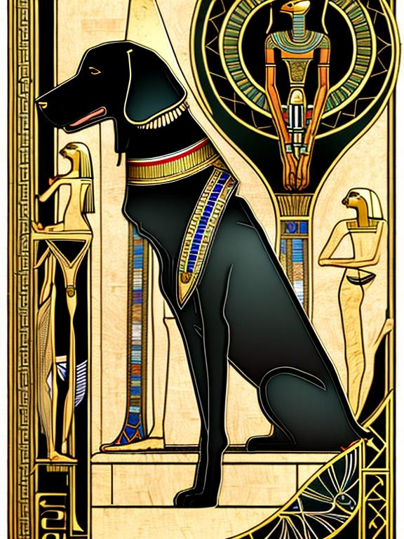 Prompt: black dog in egyptian clothing Art Nouveau style 