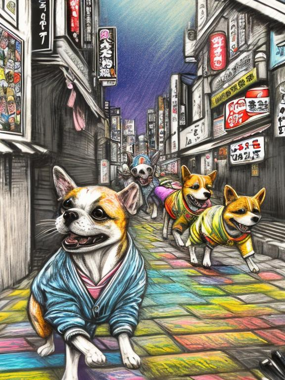 Prompt: pop art chalk pastel art of detailed dogs wearing clothes playing in the streets in japan during a festival, sketch, detailed background, highres, fun atmosphere, natural lighting,  abstract, fun