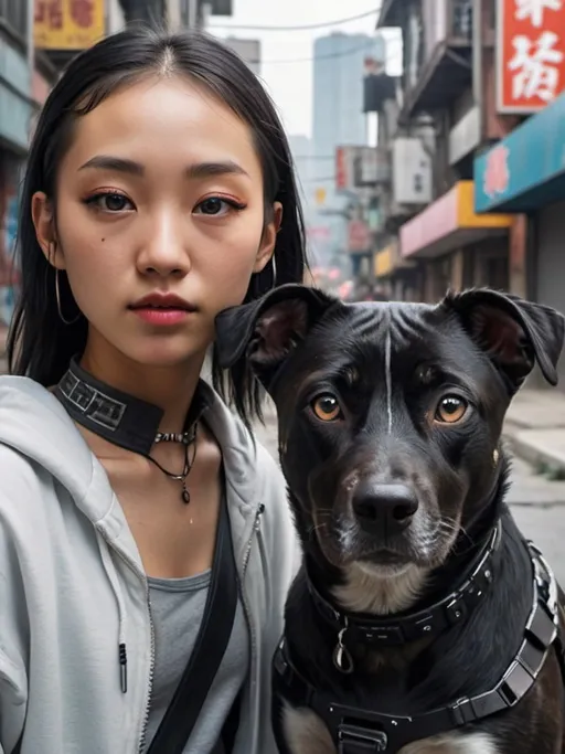 Prompt: mountain cur black dog with half asian girl in cyberpunk city