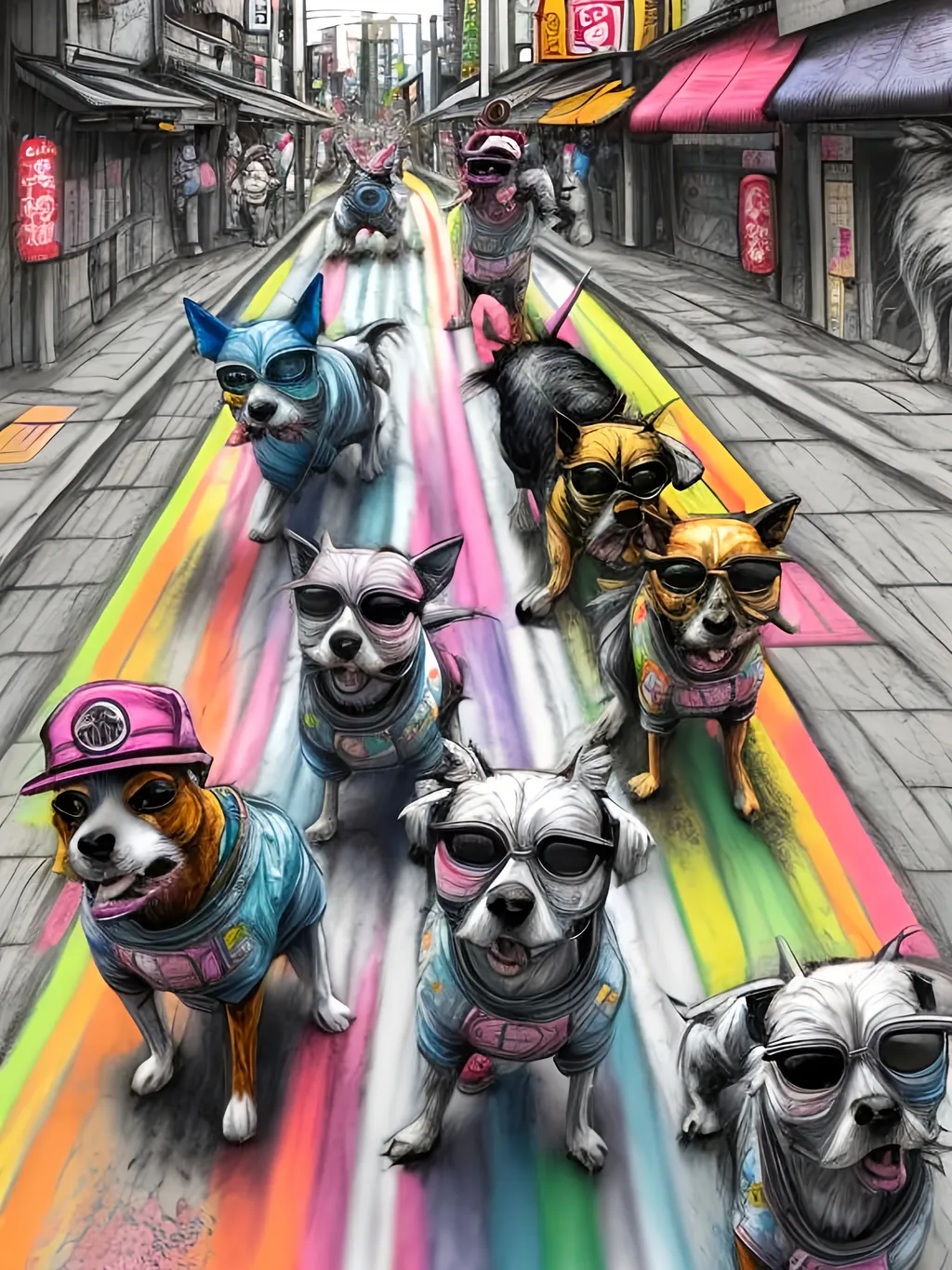 Prompt: pop art chalk pastel art of detailed dogs wearing gangster clothes playing in the streets in japan during a festival, sketch, detailed background, highres, fun atmosphere, natural lighting,  abstract, fun