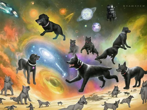 Prompt: Surrealism art, black dogs in astronaut outfits, space background, surrealistic, abstract, detailed fur, cosmic colors, dreamlike atmosphere, high quality, surrealism, astronaut dogs, abstract art, cosmic, detailed, surreal colors, space setting, dreamy lighting