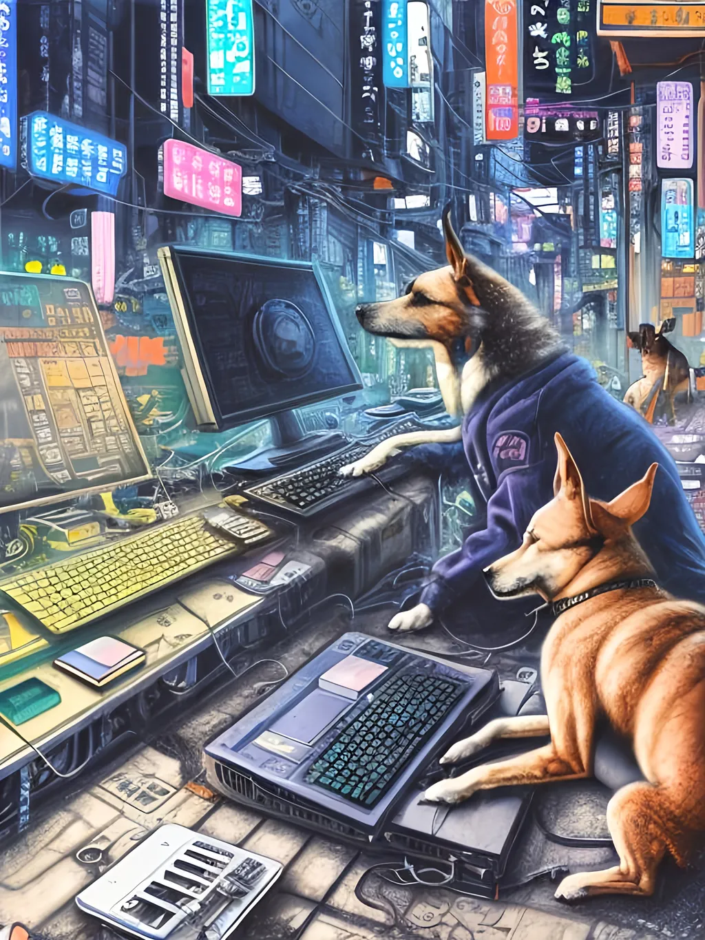 Prompt: chalk pastel art of a detailed dog hacking a computer on the streets in cyberpunk japan with planes in the background, sketch, detailed background, highres, fun atmosphere, natural lighting,  abstract, fun