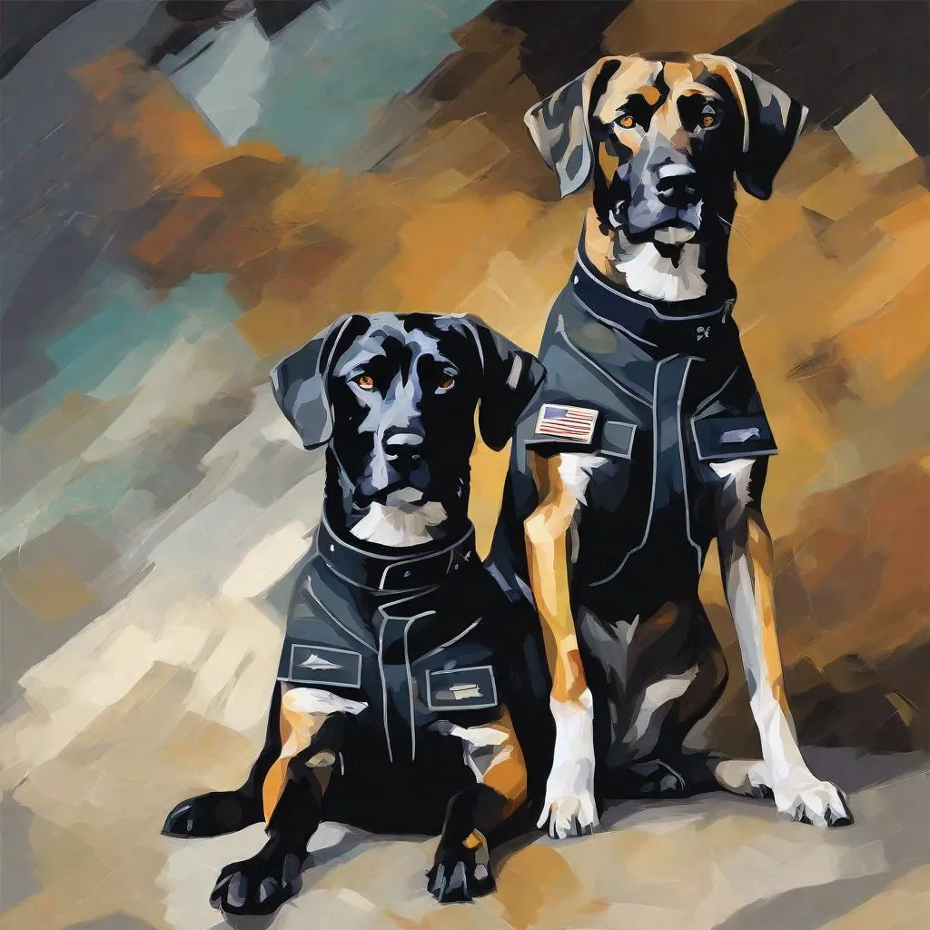 Prompt: mountain cur black dogs in pilot uniform abstract art