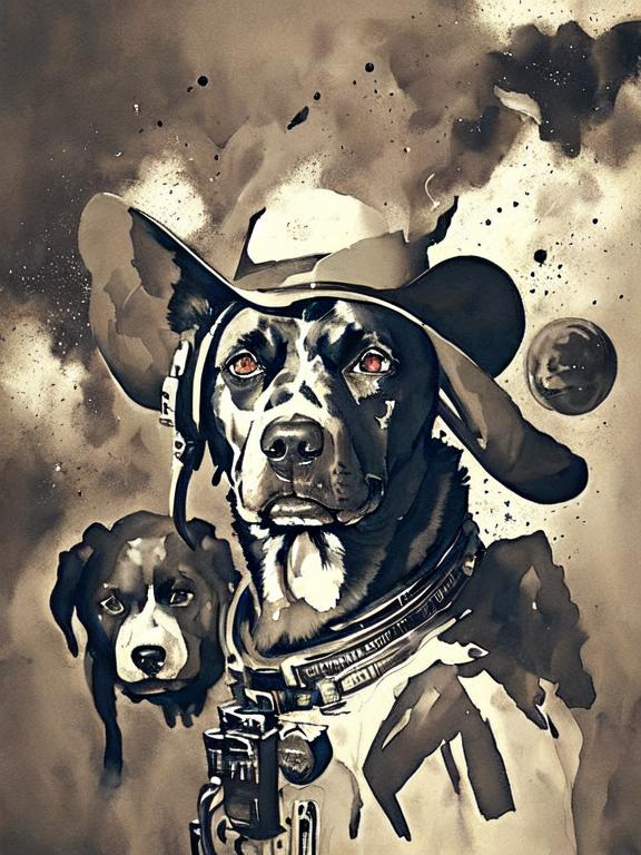 Prompt: Surrealism black dogs in cowboy outfits in space, abstract art style, cowboy hat, eerie atmosphere, floating celestial bodies, mysterious nebulae, dreamlike, surreal, high contrast, otherworldly, abstract, space, astronaut, fun atmosphere, celestial bodies, dreamlike, surreal, high contrast, mysterious, nebulae, dogs