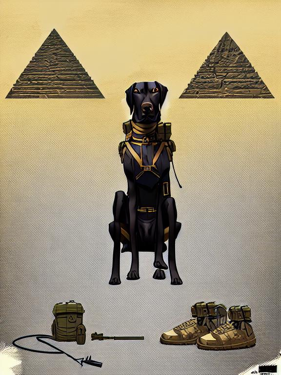 Prompt: black mountain cur dog in military gear in egypt 90s poster