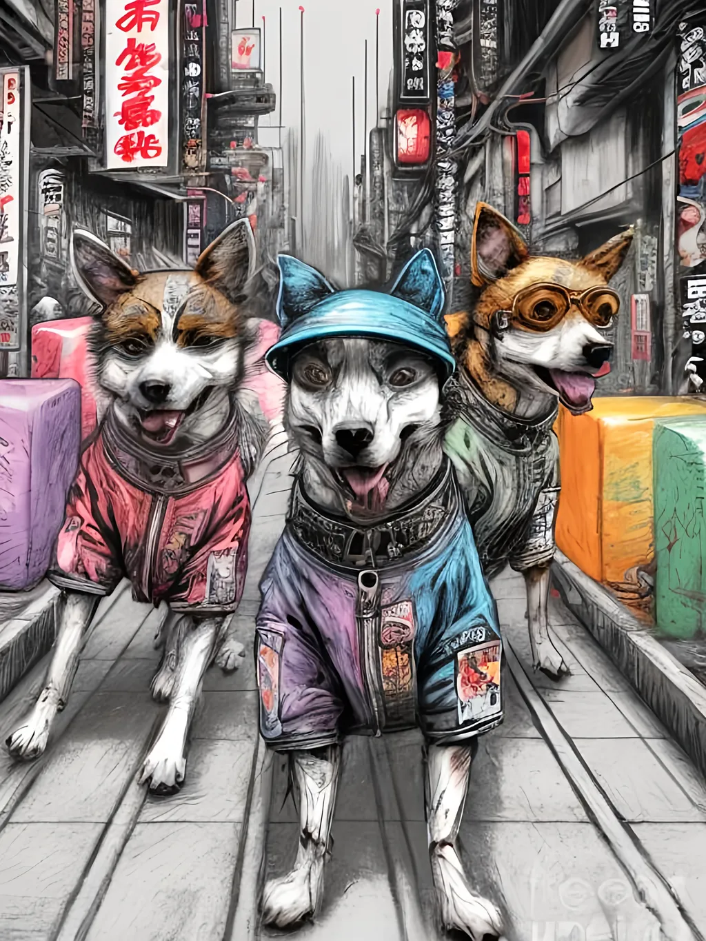 Prompt: pop art chalk pastel art of detailed dogs wearing gangster clothes playing in the streets in cyberpunk japan during a festival, sketch, detailed background, highres, fun atmosphere, natural lighting,  abstract, fun
