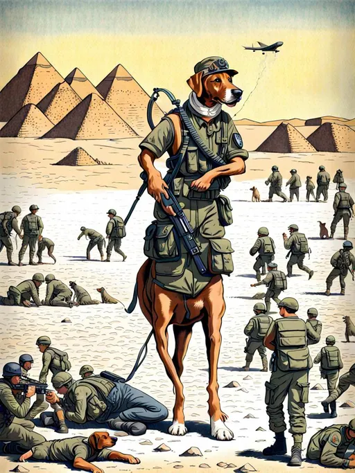 Prompt: black mountain cur dog in military gear in egypt 80s poster