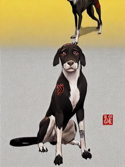 Prompt: black mountain cur dog in yakuza outfit 90s poster