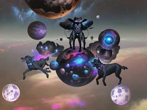 Prompt: Surrealism black dogs in cowboy outfits in space, abstract art style, cowboy hat, eerie atmosphere, floating celestial bodies, mysterious nebulae, dreamlike, surreal, high contrast, otherworldly, abstract, space, astronaut, eerie atmosphere, celestial bodies, dreamlike, surreal, high contrast, mysterious, nebulae, dogs