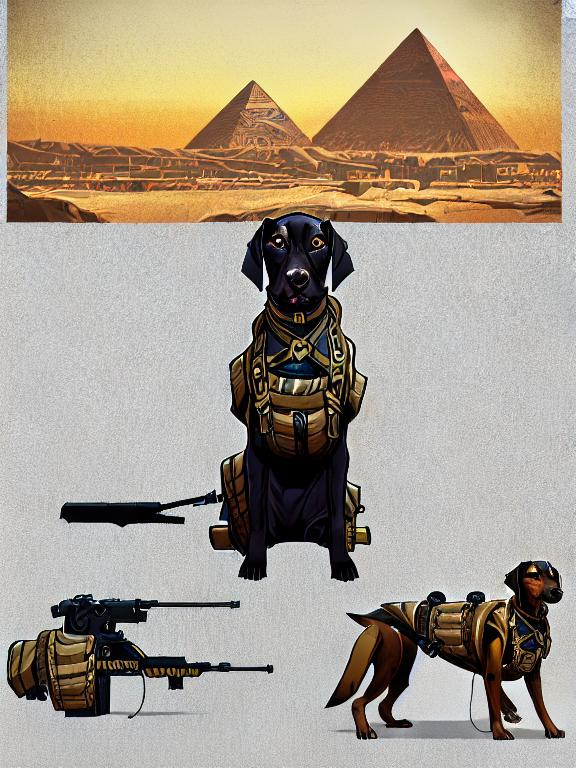 Prompt: black mountain cur dog in military gear in egypt 90s poster