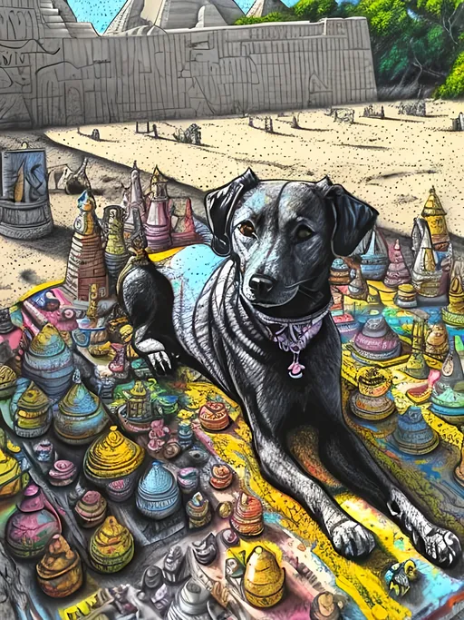 Prompt: pop art chalk pastel art of detailed dog as the sphinx in egypt, sketch, detailed background, highres, fun atmosphere, natural lighting,  abstract, fun