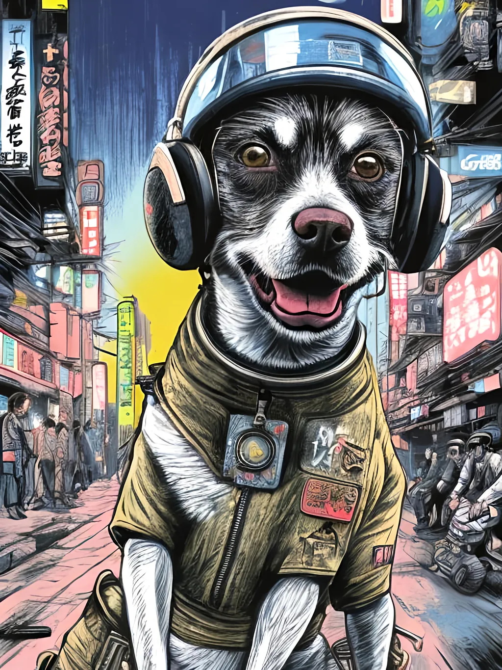 Prompt: pop art chalk pastel art of a detailed dog wearing a pilot uniform playing in the streets in cyberpunk japan during a festival, sketch, detailed background, highres, fun atmosphere, natural lighting,  abstract, fun