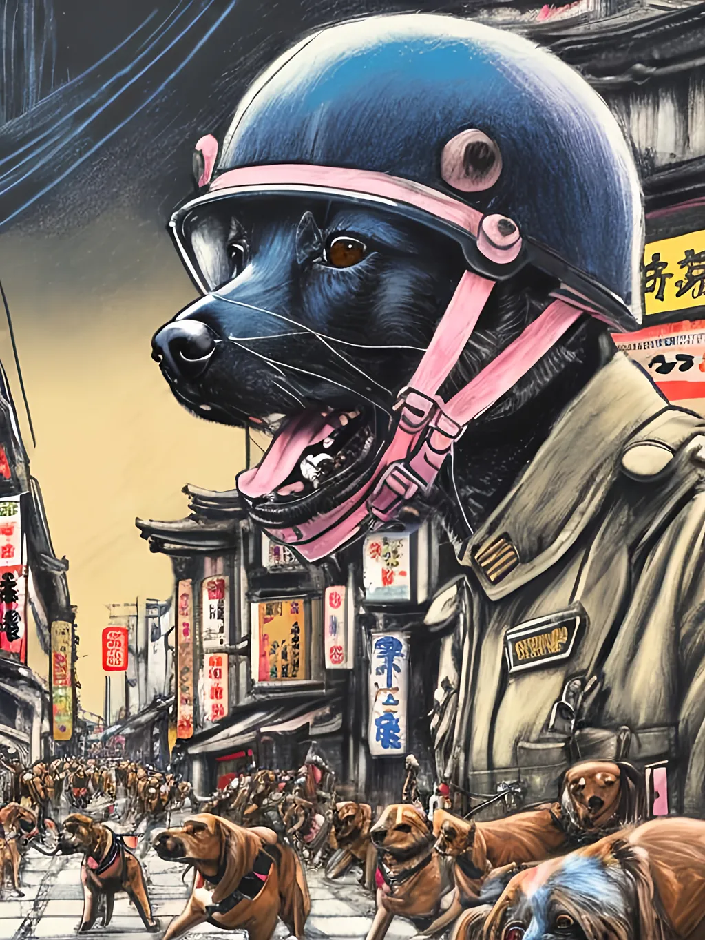 Prompt: pop art chalk pastel art of detailed dogs wearing pilot uniforms playing in the streets in japan during a festival, sketch, detailed background, highres, fun atmosphere, natural lighting,  abstract, fun