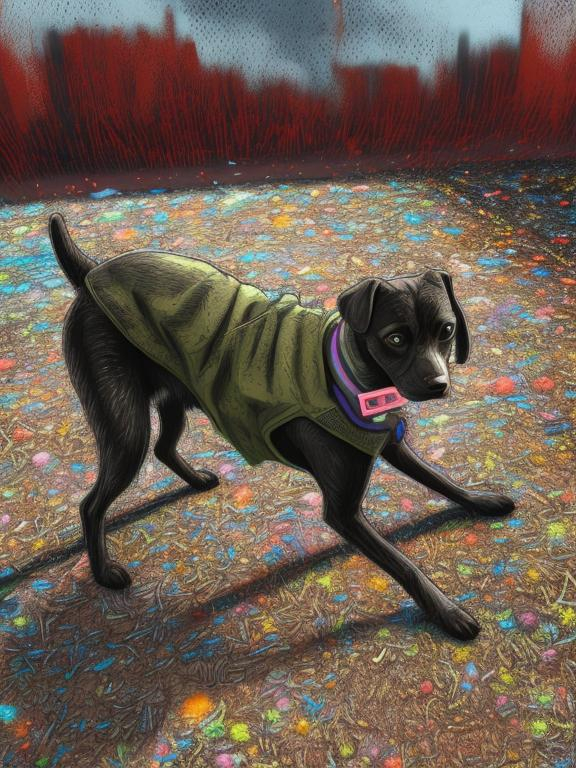 Prompt: Detailed pastel chalk pop art of an all-black mountain cur dog in a school uniform, cyberpunk city background, detailed fur with cool reflections, intense and focused gaze, high-tech collar, highres, pop art, pastel chalk, cyberpunk, detailed eyes, school uniform, detailed background, professional, atmospheric lighting