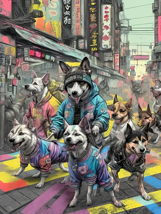 Prompt: pop art chalk pastel art of detailed dogs wearing gangster clothes playing in the streets in cyberpunk japan during a festival, sketch, detailed background, highres, fun atmosphere, natural lighting,  abstract, fun