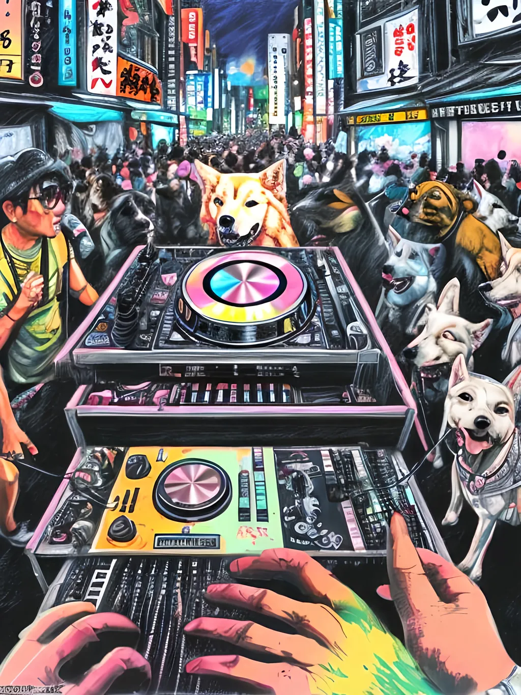 Prompt: pop art chalk pastel art of detailed dog DJing in the streets in Japan during a festival, sketch, detailed background, highres, fun atmosphere, natural lighting,  abstract, fun