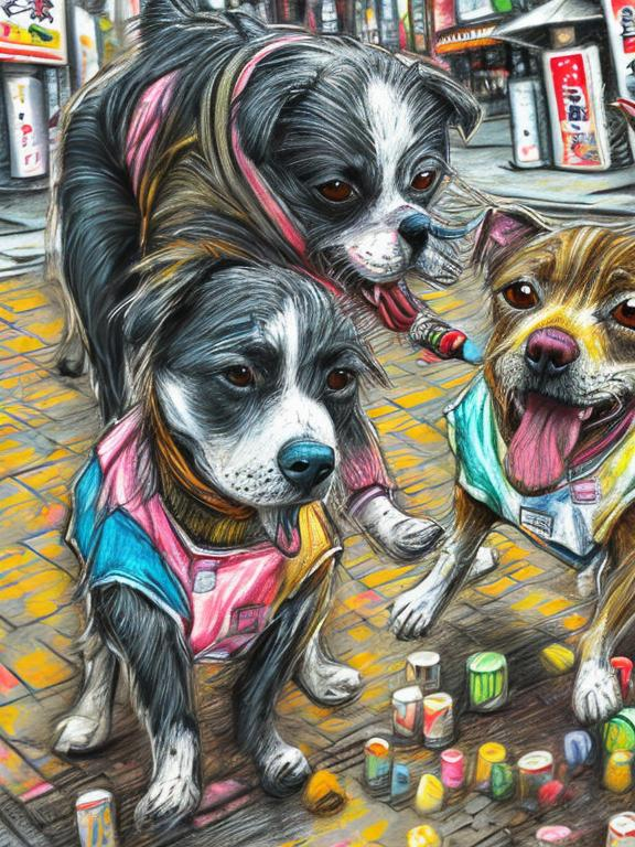 Prompt: pop art chalk pastel art of detailed dogs wearing clothes playing in the streets in japan during a festival, sketch, detailed background, highres, fun atmosphere, natural lighting,  abstract, fun