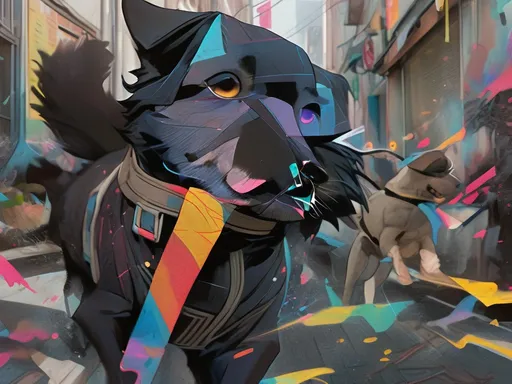 Prompt: black dog wearing ninja clothes having fun in the streets with a battle in the background, dogs, abstract art, Screen print, splash screen art, triadic colors, digital art, 8k resolution trending on Artstation, golden ratio, akira, symmetrical, rule of thirds, geometric bauhaus, Studio Ghibli, Anime Key Visual, by Makoto Shinkai, Deep Color, Intricate, 8k resolution concept art, Natural Lighting, Beautiful Composition