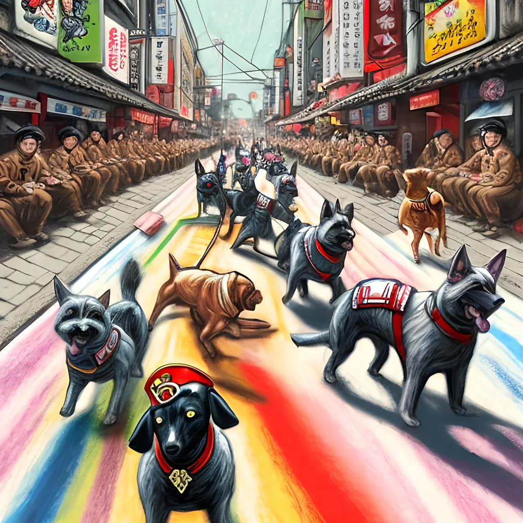 Prompt: pop art chalk pastel art of detailed dogs wearing nazi uniforms playing in the streets in japan during a festival, sketch, detailed background, highres, fun atmosphere, natural lighting,  abstract, fun