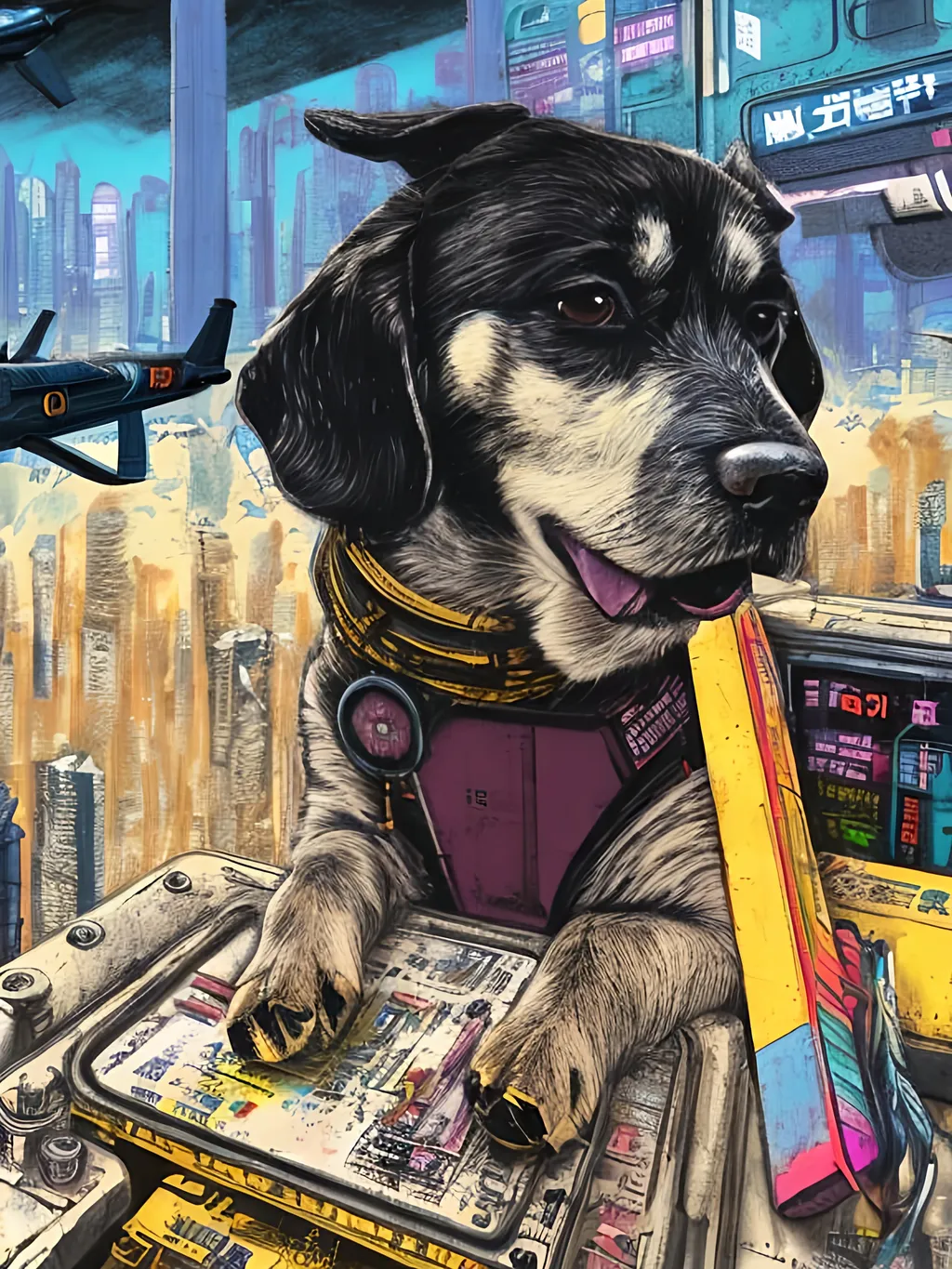 Prompt: pop art chalk pastel art of a detailed dog hacking a computer on the subway train in cyberpunk japan with planes in the background, sketch, detailed background, highres, fun atmosphere, natural lighting,  abstract, fun