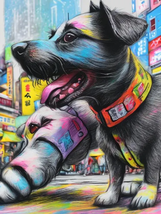 Prompt: pop art chalk pastel art of detailed dogs wearing clothes playing in the streets in japan during a festival, sketch, detailed background, highres, fun atmosphere, natural lighting,  abstract, fun