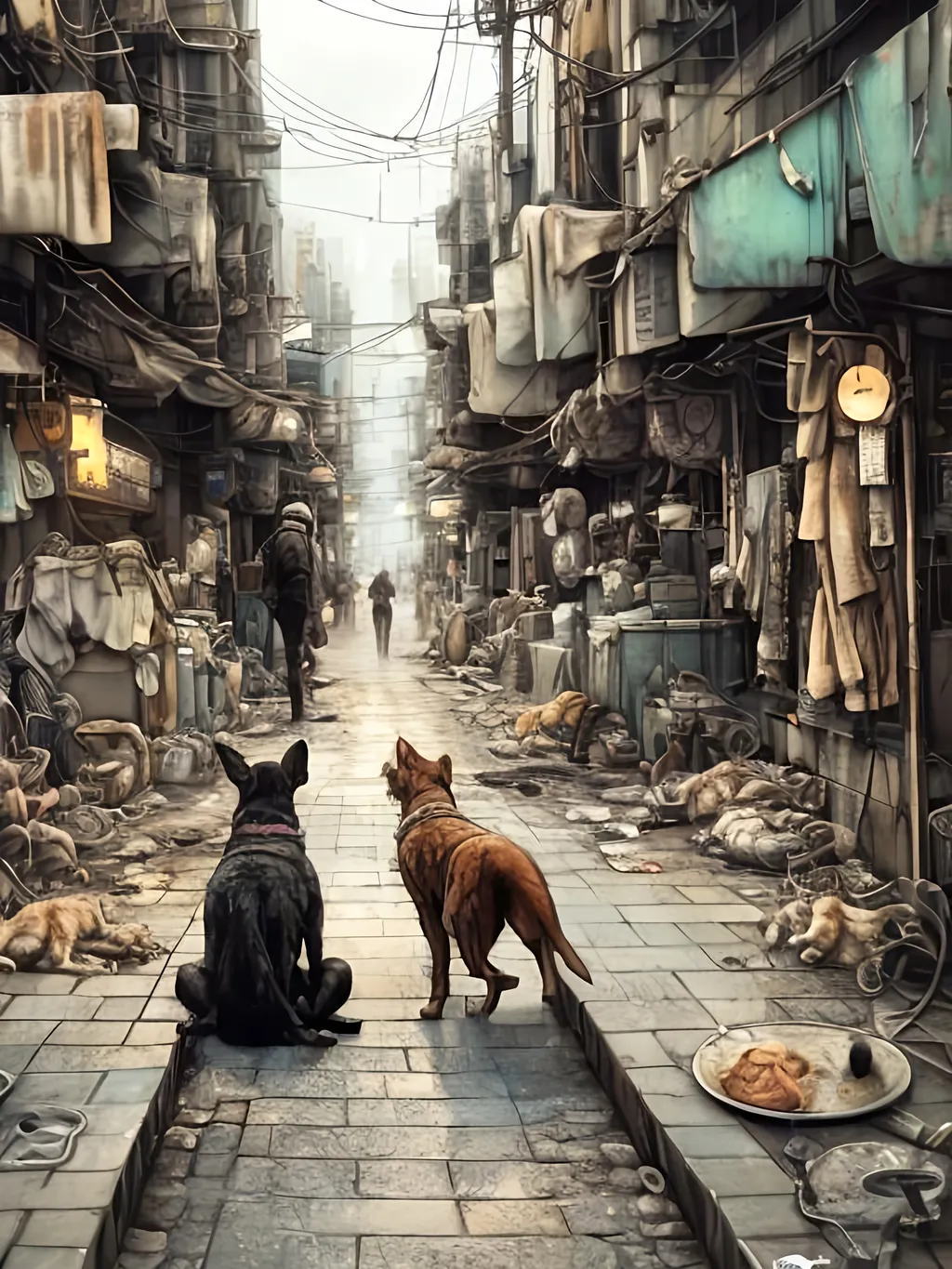 Prompt: chalk pastel style of a detailed dog in the streets in post-apocalyptic japan during a festival, sketch, detailed background, highres, fun atmosphere, natural lighting,  abstract, fun