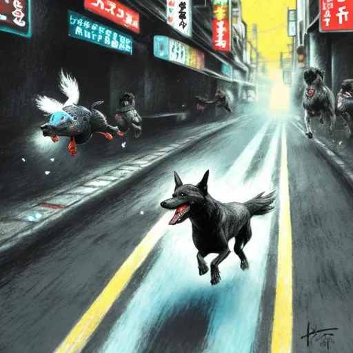 Prompt: chalk pastel art of a black dog wearing  clothes chasing a chicken in the streets in japan, sketch, detailed background, highres, fun atmosphere, natural lighting, pastel colors, abstract, fun