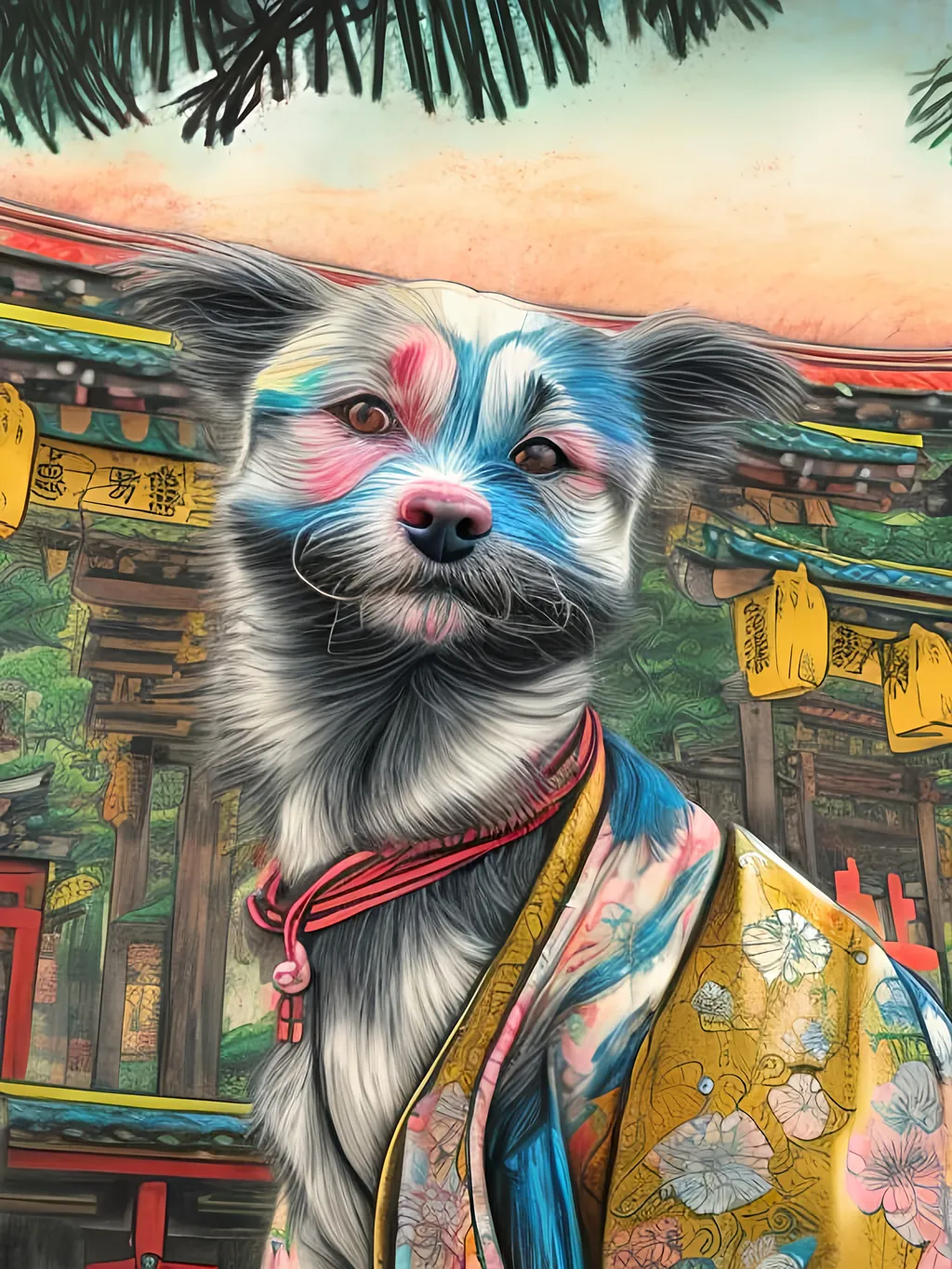 Prompt: pop art chalk pastel style of a  detailed dog in a kimono at a shrine, sketch, detailed background, highres, fun atmosphere, natural lighting,  abstract, fun