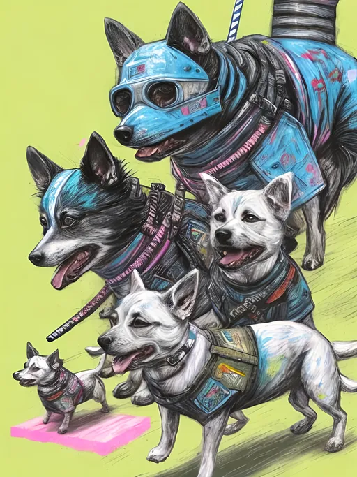 Prompt: pop art chalk pastel art of detailed dogs wearing ninja clothes playing in the streets in cyberpunk japan during a festival, sketch, detailed background, highres, fun atmosphere, natural lighting,  abstract, fun