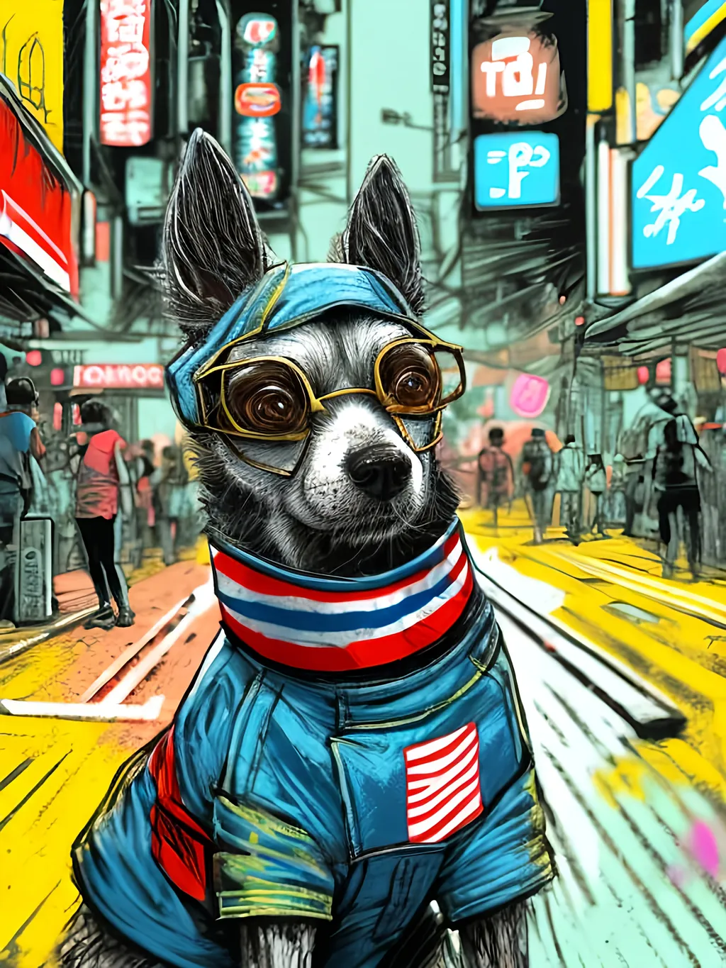 Prompt: pop art chalk pastel art of detailed dog wearing USA clothes playing in the streets in cyberpunk japan during a festival, sketch, detailed background, highres, fun atmosphere, natural lighting,  abstract, fun