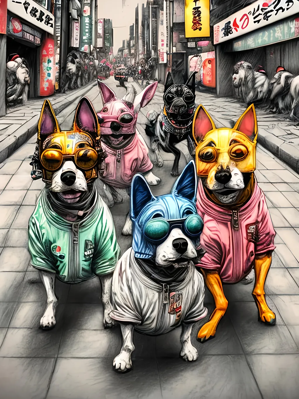 Prompt: pop art chalk pastel art of detailed dogs wearing gangster clothes playing in the streets in japan during a festival, sketch, detailed background, highres, fun atmosphere, natural lighting,  abstract, fun