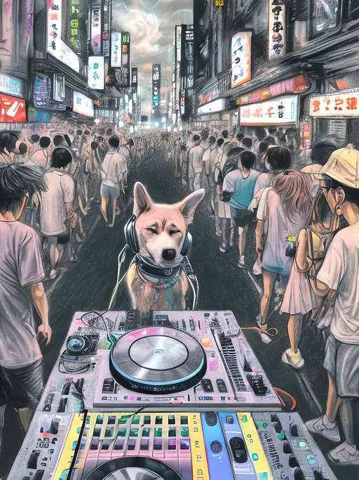 Prompt: chalk pastel art of detailed dog DJing in the streets in Japan during a festival, sketch, detailed background, highres, fun atmosphere, natural lighting,  abstract, fun